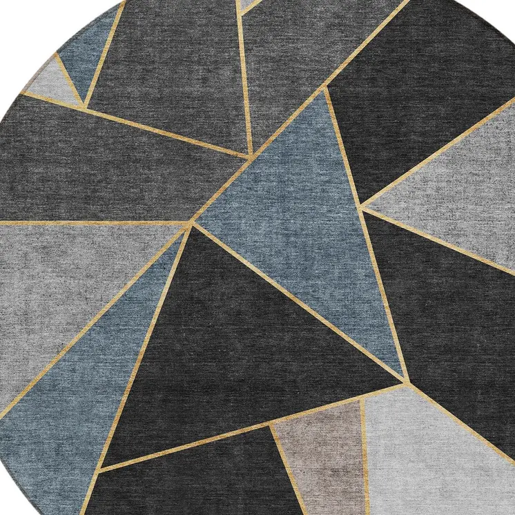 8' Blue Charcoal And Gray Round Geometric Washable Indoor Outdoor Area Rug