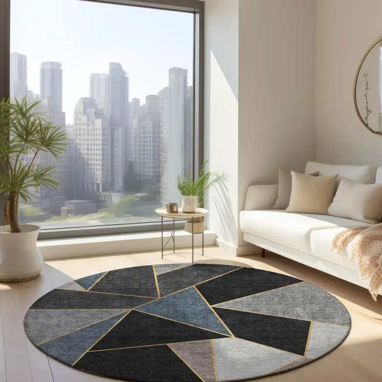 8' Blue Charcoal And Gray Round Geometric Washable Indoor Outdoor Area Rug