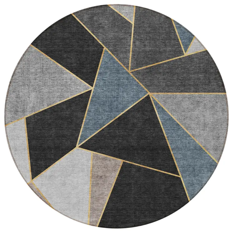 8' Blue Charcoal And Gray Round Geometric Washable Indoor Outdoor Area Rug