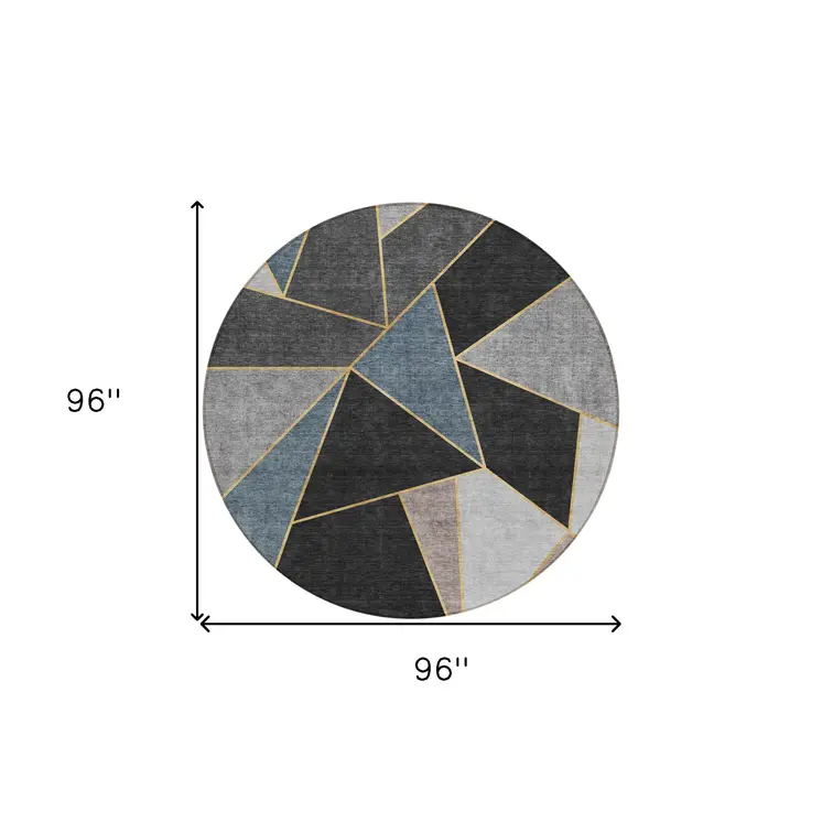 8' Blue Charcoal And Gray Round Geometric Washable Indoor Outdoor Area Rug