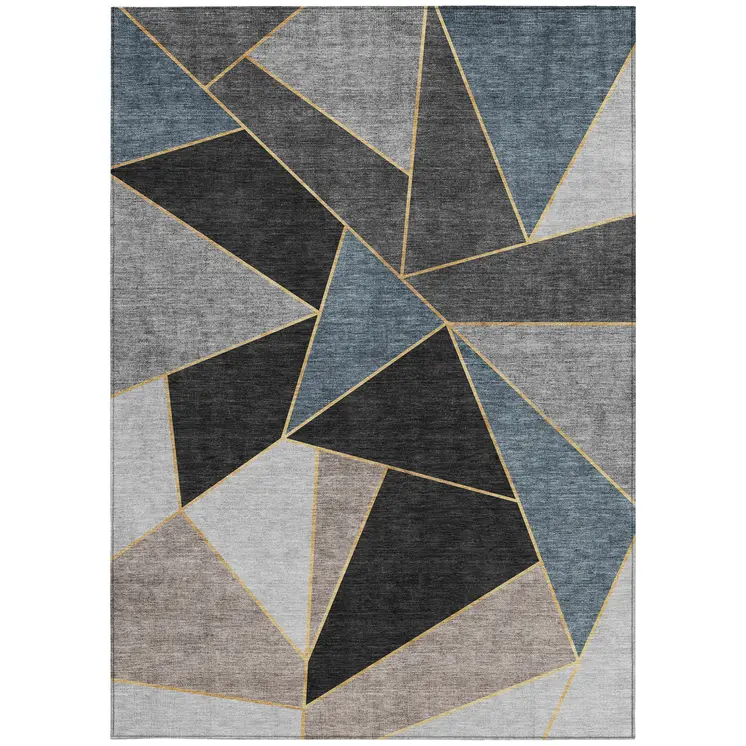 9' X 12' Blue Charcoal And Gray Geometric Washable Indoor Outdoor Area Rug