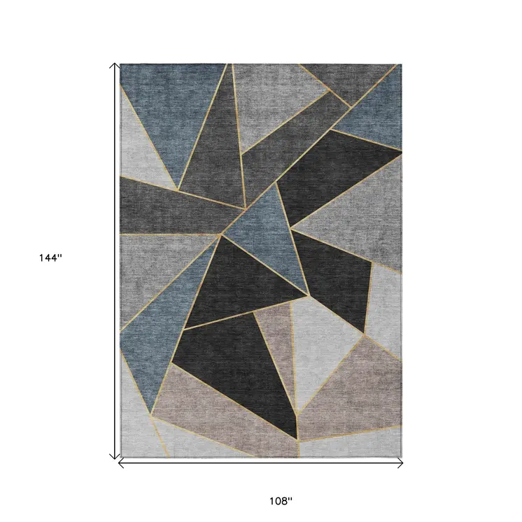 9' X 12' Blue Charcoal And Gray Geometric Washable Indoor Outdoor Area Rug