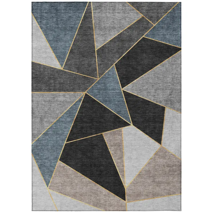 9' X 12' Blue Charcoal And Gray Geometric Washable Indoor Outdoor Area Rug