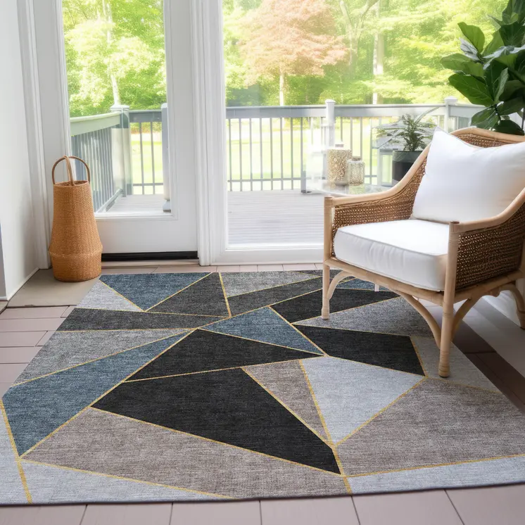 9' X 12' Blue Charcoal And Gray Geometric Washable Indoor Outdoor Area Rug