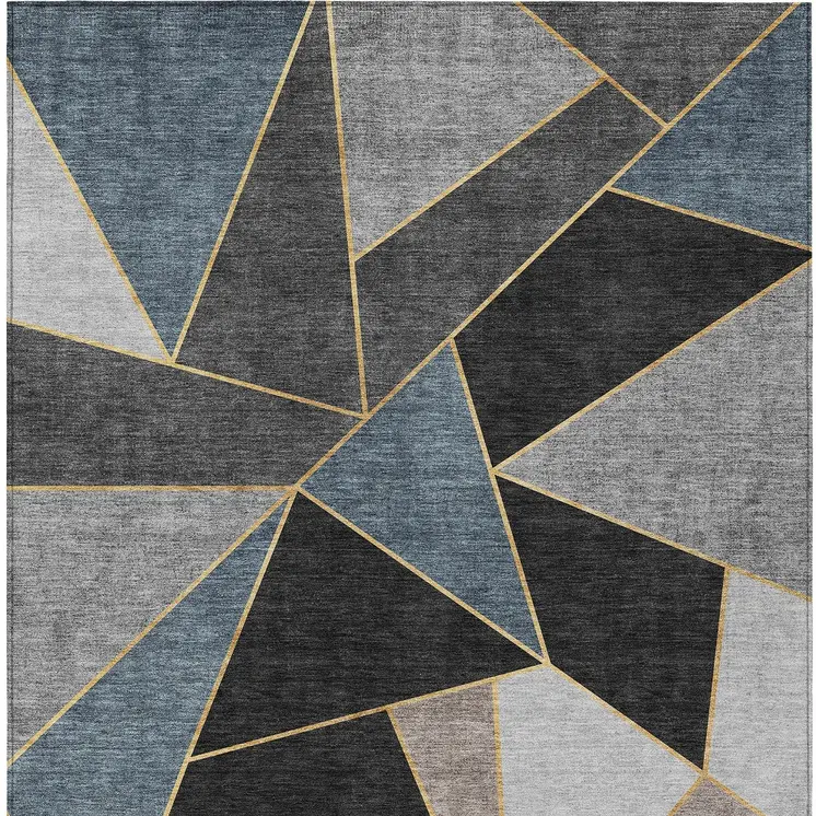 10' X 14' Blue Charcoal And Gray Geometric Washable Indoor Outdoor Area Rug