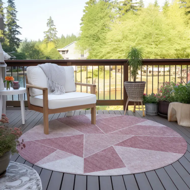 8' Blush Pink And Ivory Round Geometric Washable Indoor Outdoor Area Rug