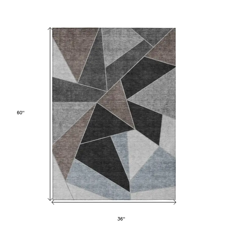 3' X 5' Chocolate Gray And Charcoal Geometric Washable Indoor Outdoor Area Rug