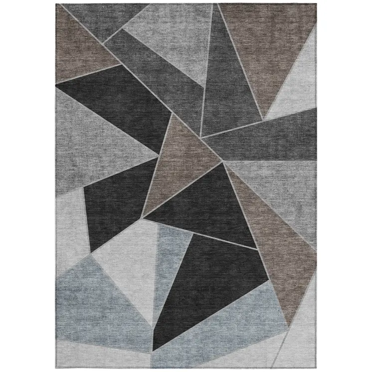 5' X 8' Chocolate Gray And Charcoal Geometric Washable Indoor Outdoor Area Rug