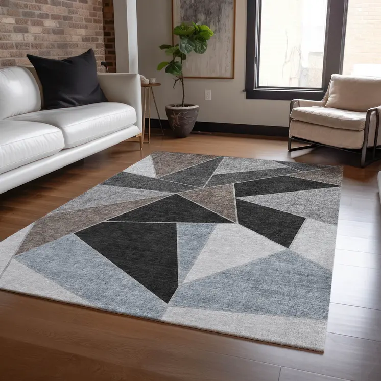 5' X 8' Chocolate Gray And Charcoal Geometric Washable Indoor Outdoor Area Rug