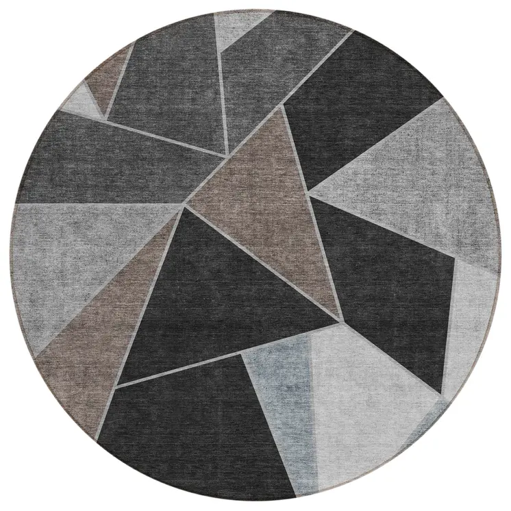 8' Chocolate Gray And Charcoal Round Geometric Washable Indoor Outdoor Area Rug