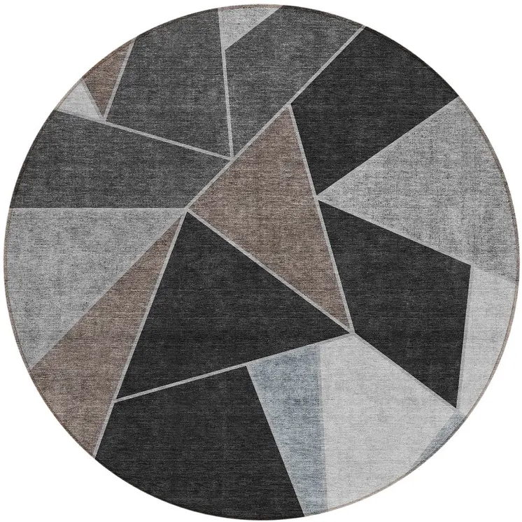 8' Chocolate Gray And Charcoal Round Geometric Washable Indoor Outdoor Area Rug