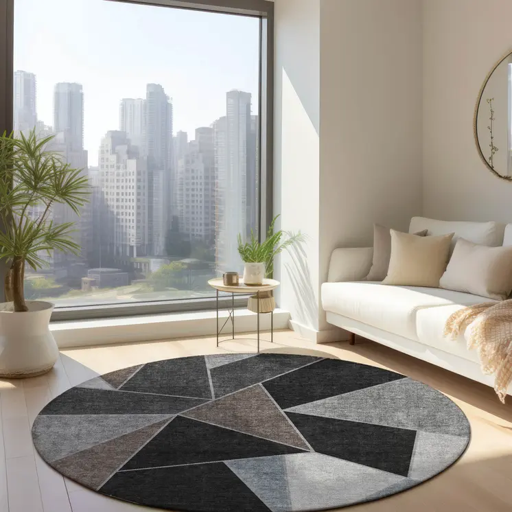 8' Chocolate Gray And Charcoal Round Geometric Washable Indoor Outdoor Area Rug