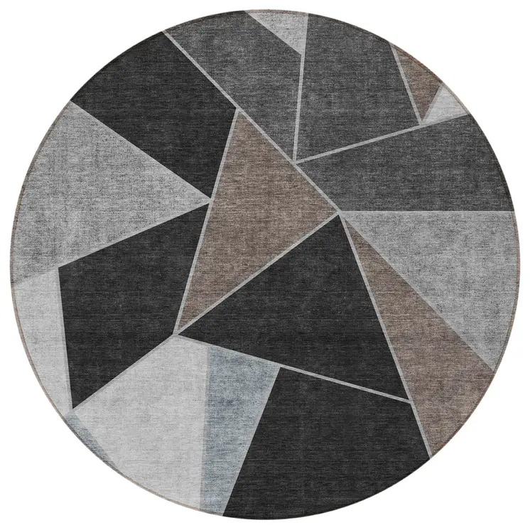 8' Chocolate Gray And Charcoal Round Geometric Washable Indoor Outdoor Area Rug