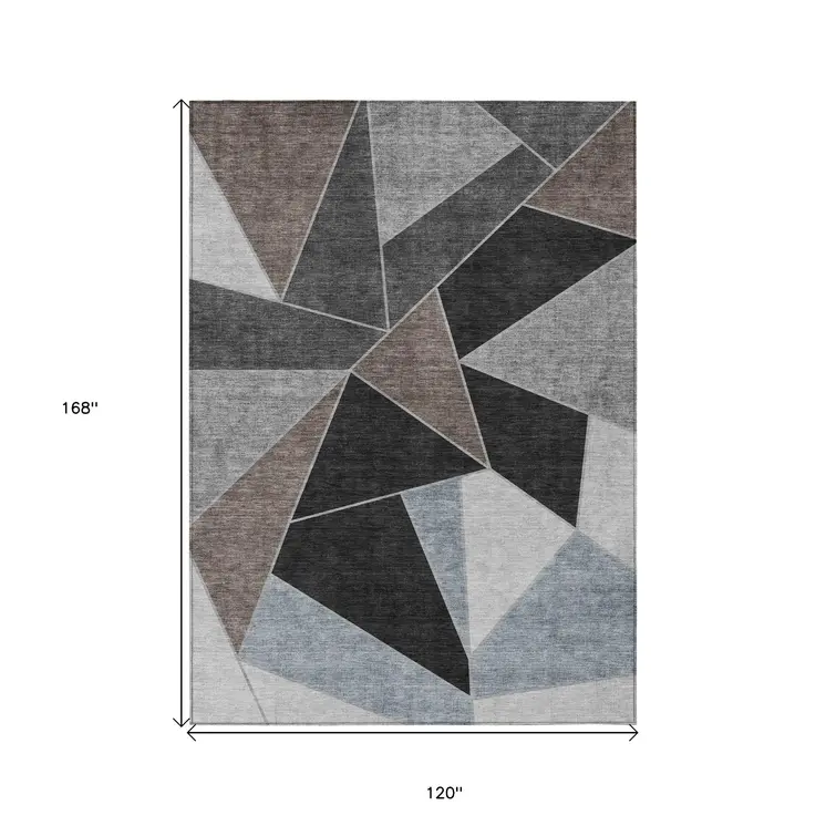 10' X 14' Chocolate Gray And Charcoal Geometric Washable Indoor Outdoor Area Rug