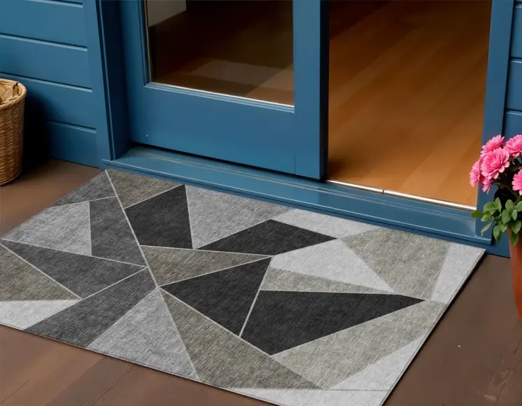 3' X 5' Coffee Charcoal And Gray Geometric Washable Indoor Outdoor Area Rug