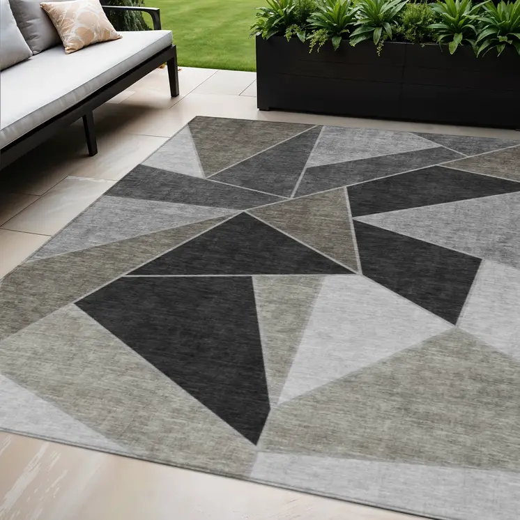 5' X 8' Coffee Charcoal And Gray Geometric Washable Indoor Outdoor Area Rug