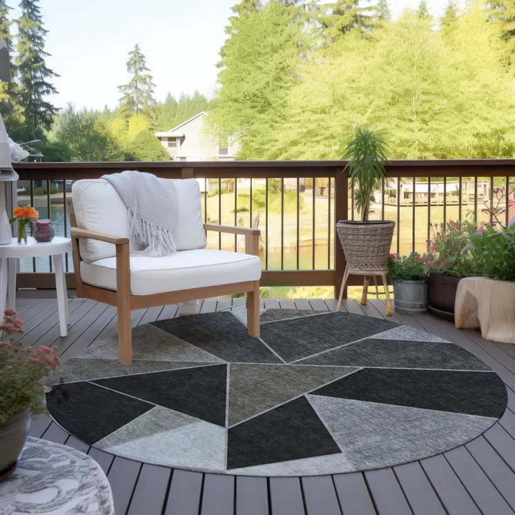 8' Coffee Charcoal And Gray Round Geometric Washable Indoor Outdoor Area Rug