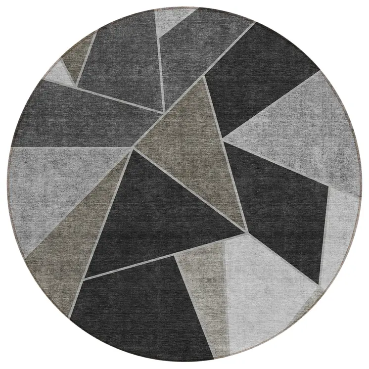 8' Coffee Charcoal And Gray Round Geometric Washable Indoor Outdoor Area Rug