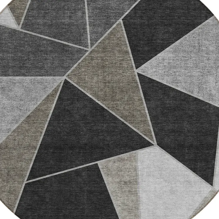 8' Coffee Charcoal And Gray Round Geometric Washable Indoor Outdoor Area Rug