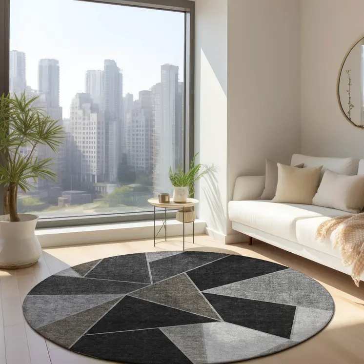 8' Coffee Charcoal And Gray Round Geometric Washable Indoor Outdoor Area Rug