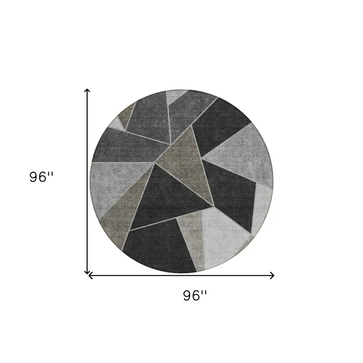 8' Coffee Charcoal And Gray Round Geometric Washable Indoor Outdoor Area Rug