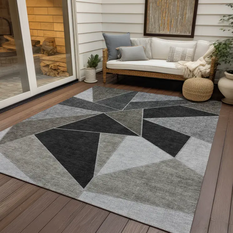 9' X 12' Coffee Charcoal And Gray Geometric Washable Indoor Outdoor Area Rug