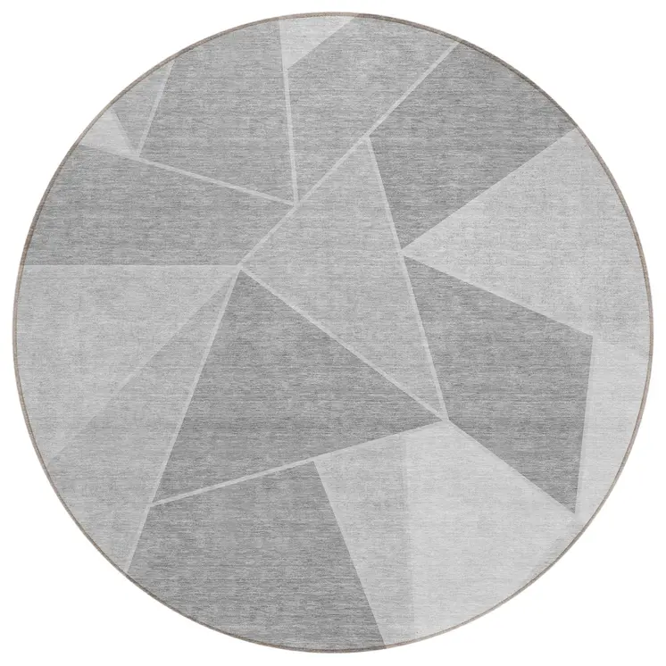 8' Gray Silver And Graphite Round Geometric Washable Indoor Outdoor Area Rug