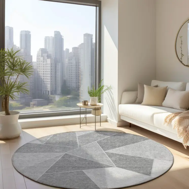 8' Gray Silver And Graphite Round Geometric Washable Indoor Outdoor Area Rug