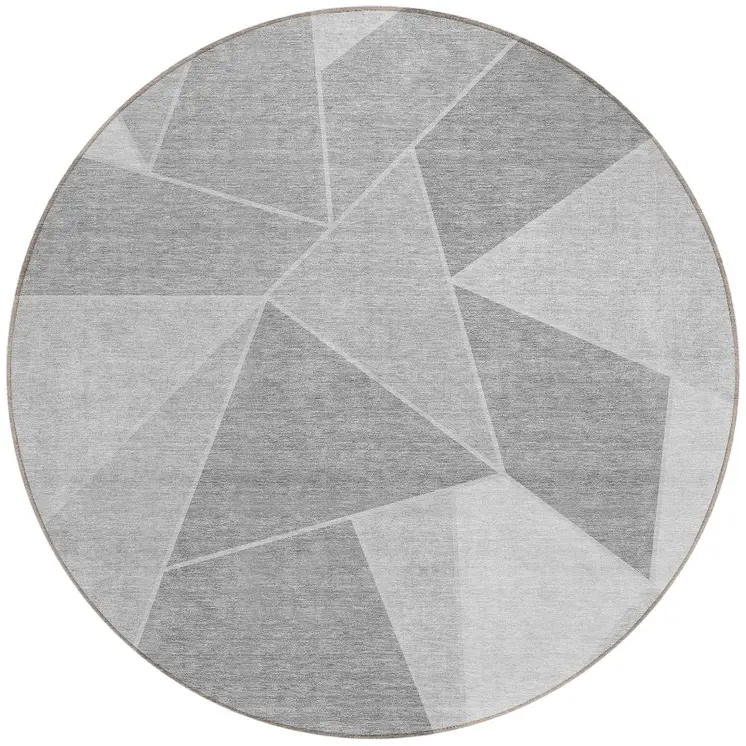 8' Gray Silver And Graphite Round Geometric Washable Indoor Outdoor Area Rug
