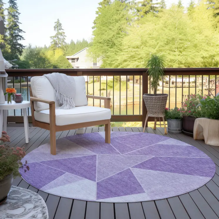 8' Lilac And Purple Round Geometric Washable Indoor Outdoor Area Rug
