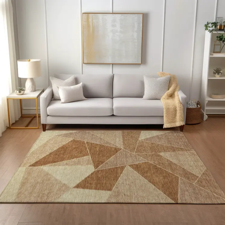 5' X 8' Orange Copper And Beige Geometric Washable Indoor Outdoor Area Rug