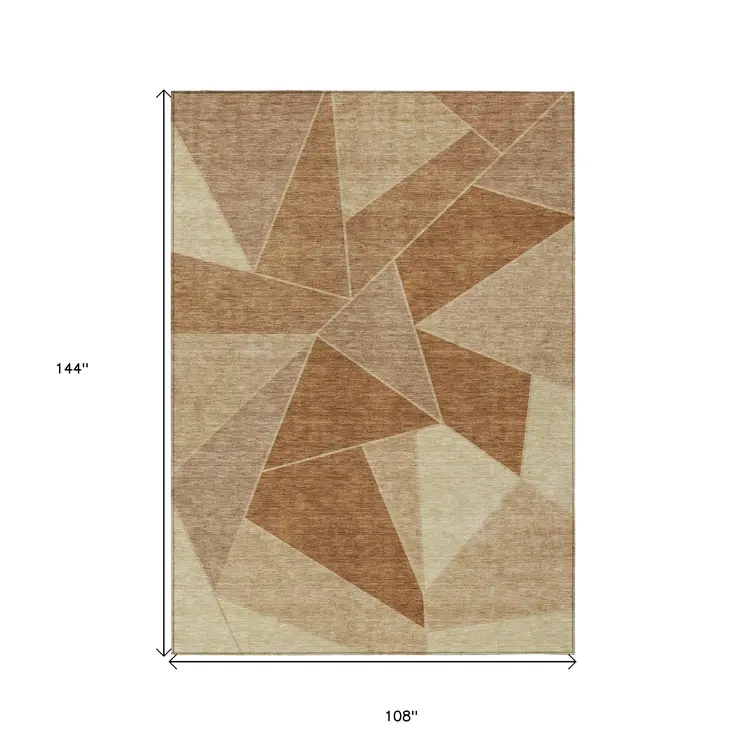 9' X 12' Orange Copper And Beige Geometric Washable Indoor Outdoor Area Rug