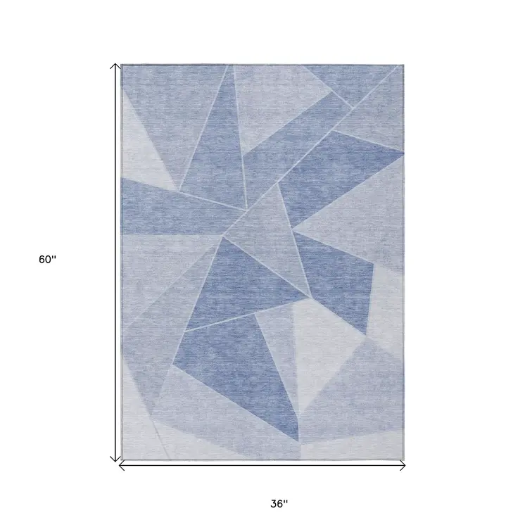 3' X 5' Sky Blue And Denim Blue Geometric Washable Indoor Outdoor Area Rug