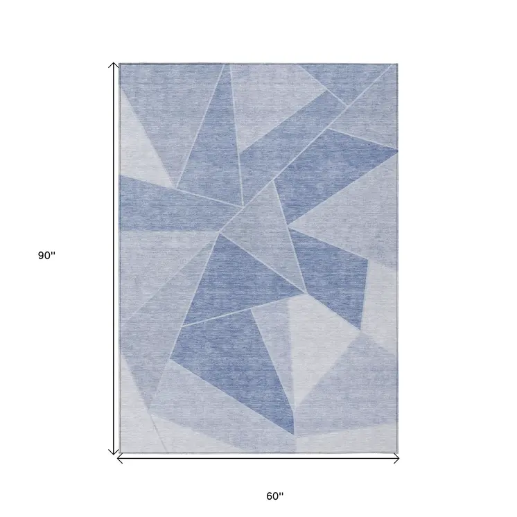 5' X 8' Sky Blue And Denim Blue Geometric Washable Indoor Outdoor Area Rug