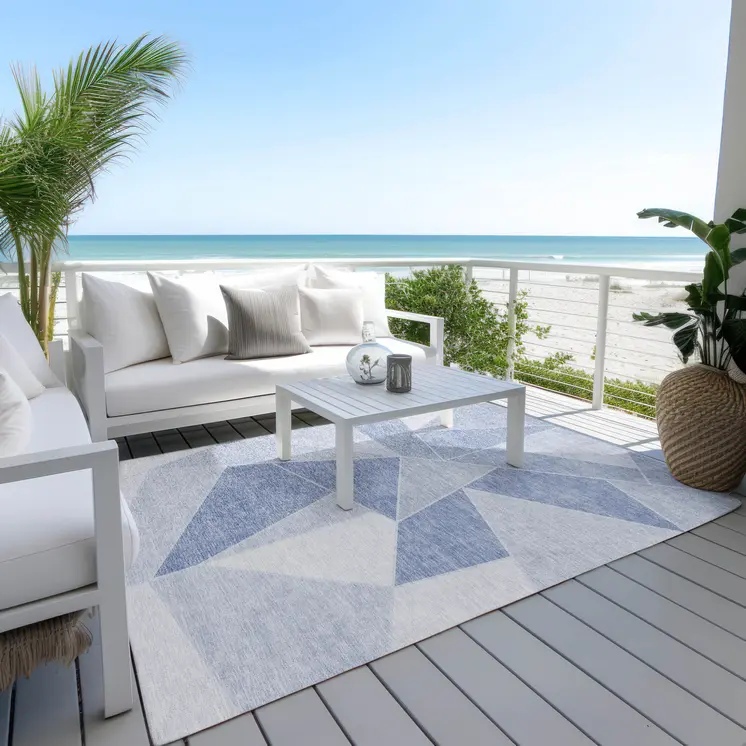 5' X 8' Sky Blue And Denim Blue Geometric Washable Indoor Outdoor Area Rug