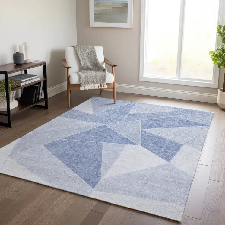 5' X 8' Sky Blue And Denim Blue Geometric Washable Indoor Outdoor Area Rug