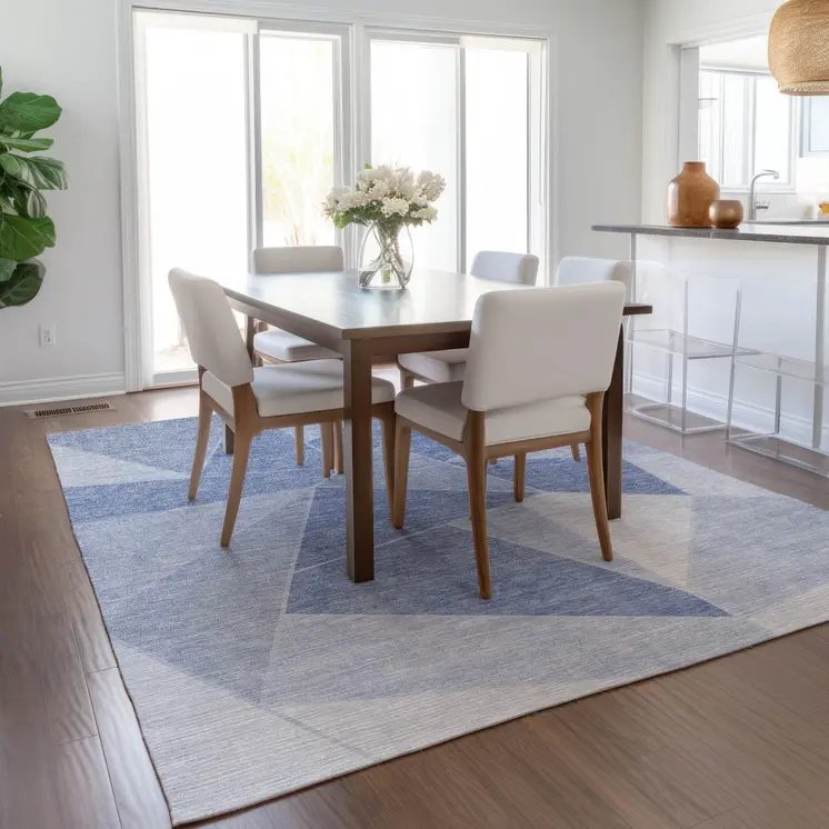 5' X 8' Sky Blue And Denim Blue Geometric Washable Indoor Outdoor Area Rug