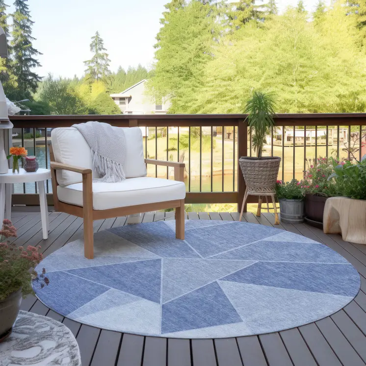 8' Sky Blue And Denim Blue Round Geometric Washable Indoor Outdoor Area Rug