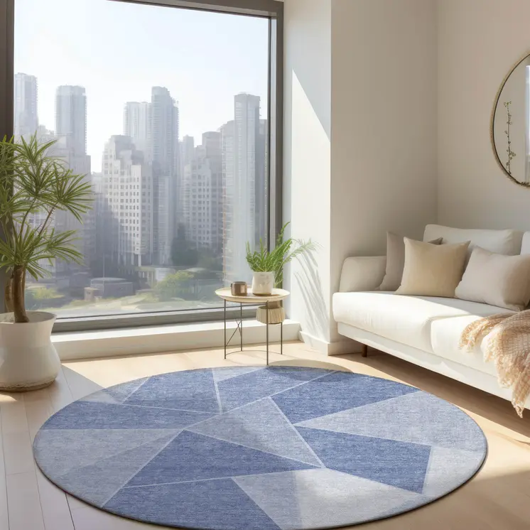 8' Sky Blue And Denim Blue Round Geometric Washable Indoor Outdoor Area Rug