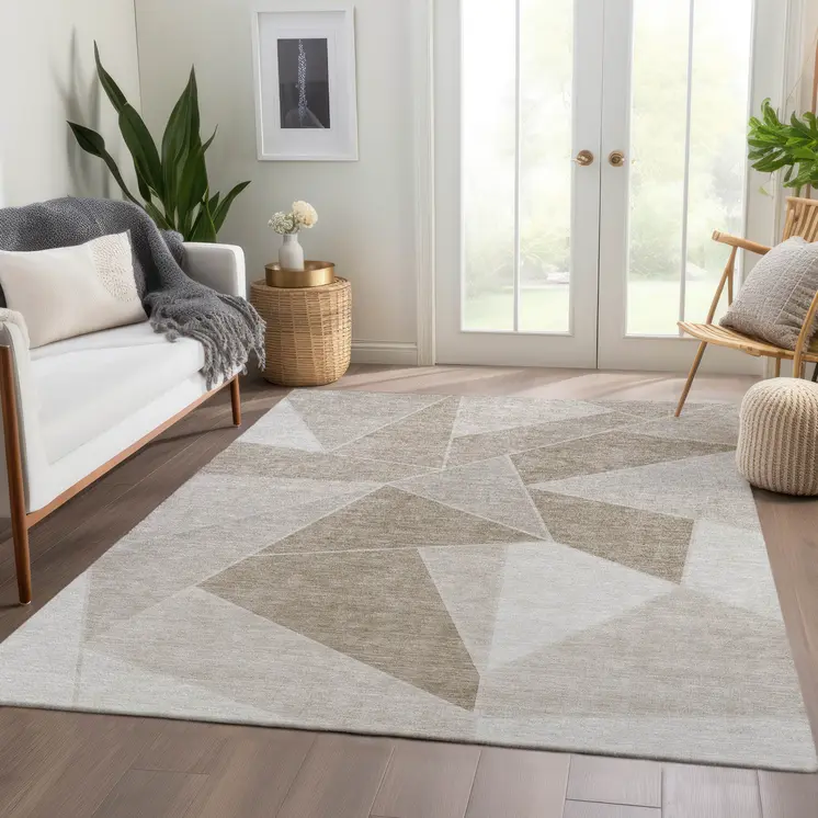 3' X 5' Taupe Brown And Beige Geometric Washable Indoor Outdoor Area Rug