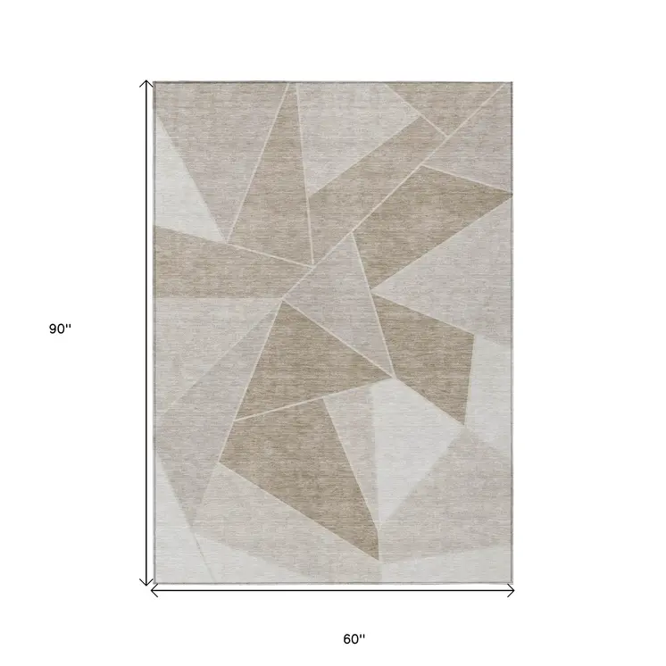 5' X 8' Taupe Brown And Beige Geometric Washable Indoor Outdoor Area Rug