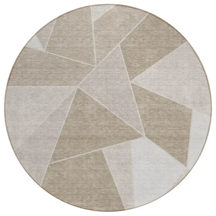 8' Taupe Brown And Beige Round Geometric Washable Indoor Outdoor Area Rug