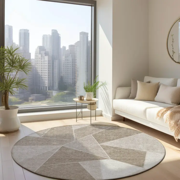 8' Taupe Brown And Beige Round Geometric Washable Indoor Outdoor Area Rug