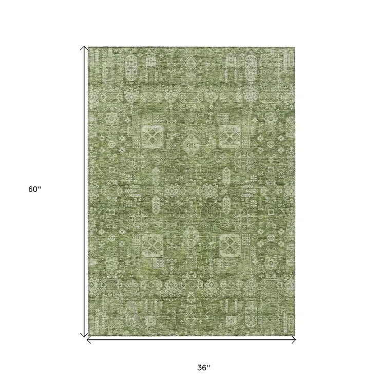 3' X 5' Artichoke Green And Ivory Oriental Washable Indoor Outdoor Area Rug