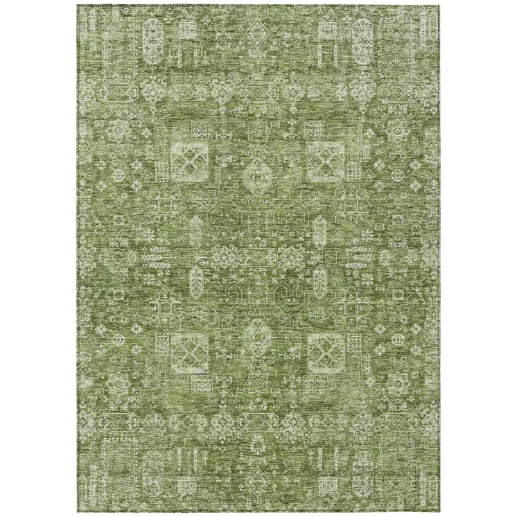 3' X 5' Artichoke Green And Ivory Oriental Washable Indoor Outdoor Area Rug
