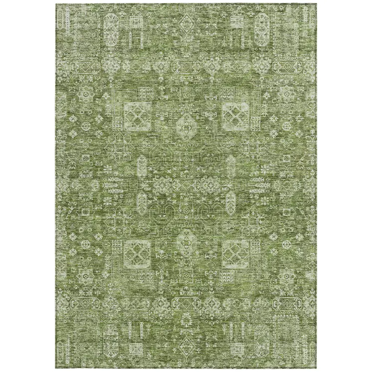 8' X 10' Artichoke Green And Ivory Oriental Washable Indoor Outdoor Area Rug