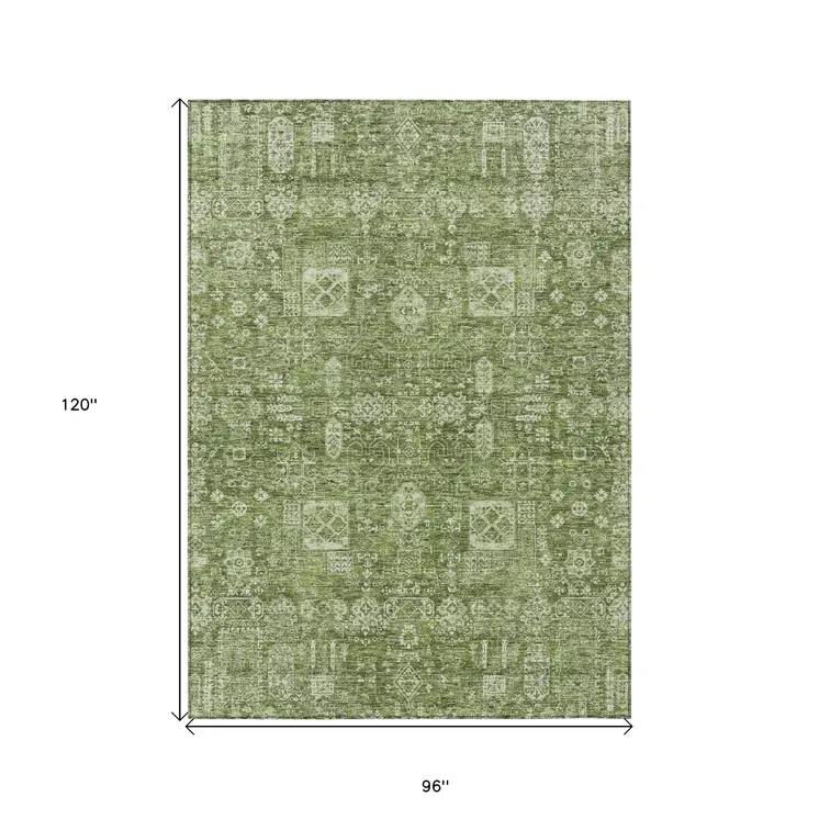8' X 10' Artichoke Green And Ivory Oriental Washable Indoor Outdoor Area Rug