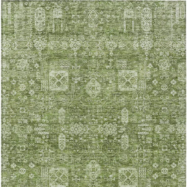 8' X 10' Artichoke Green And Ivory Oriental Washable Indoor Outdoor Area Rug