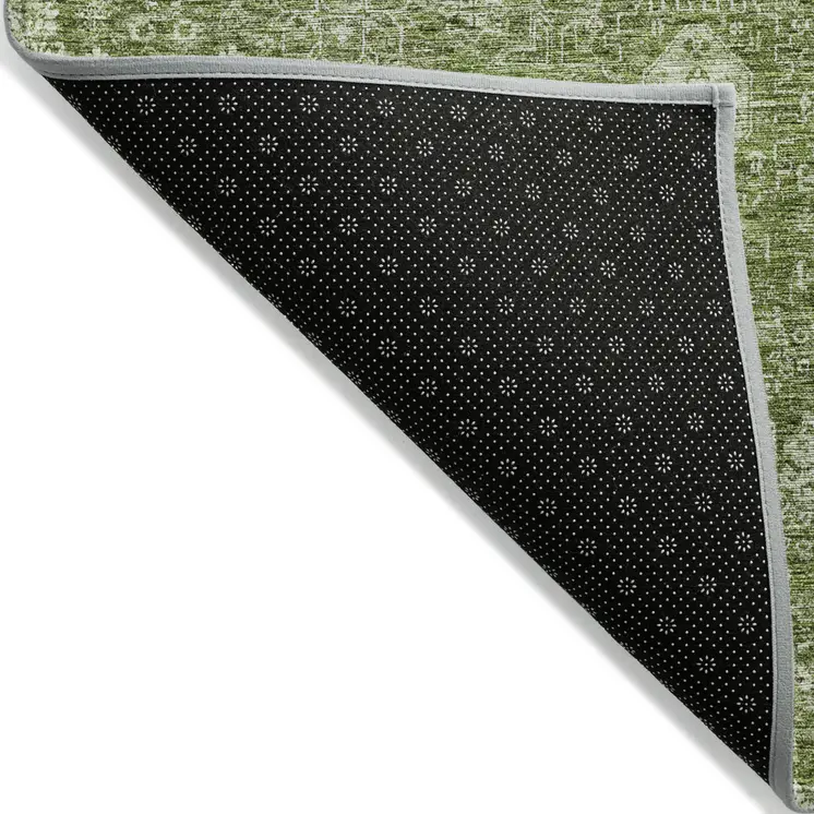 9' X 12' Artichoke Green And Ivory Oriental Washable Indoor Outdoor Area Rug