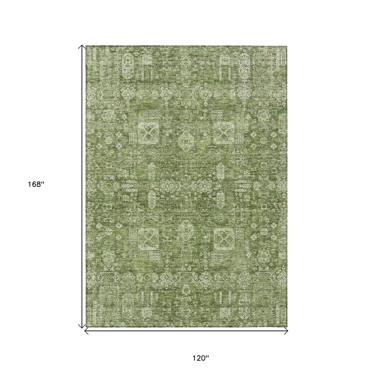 10' X 14' Artichoke Green And Ivory Oriental Washable Indoor Outdoor Area Rug